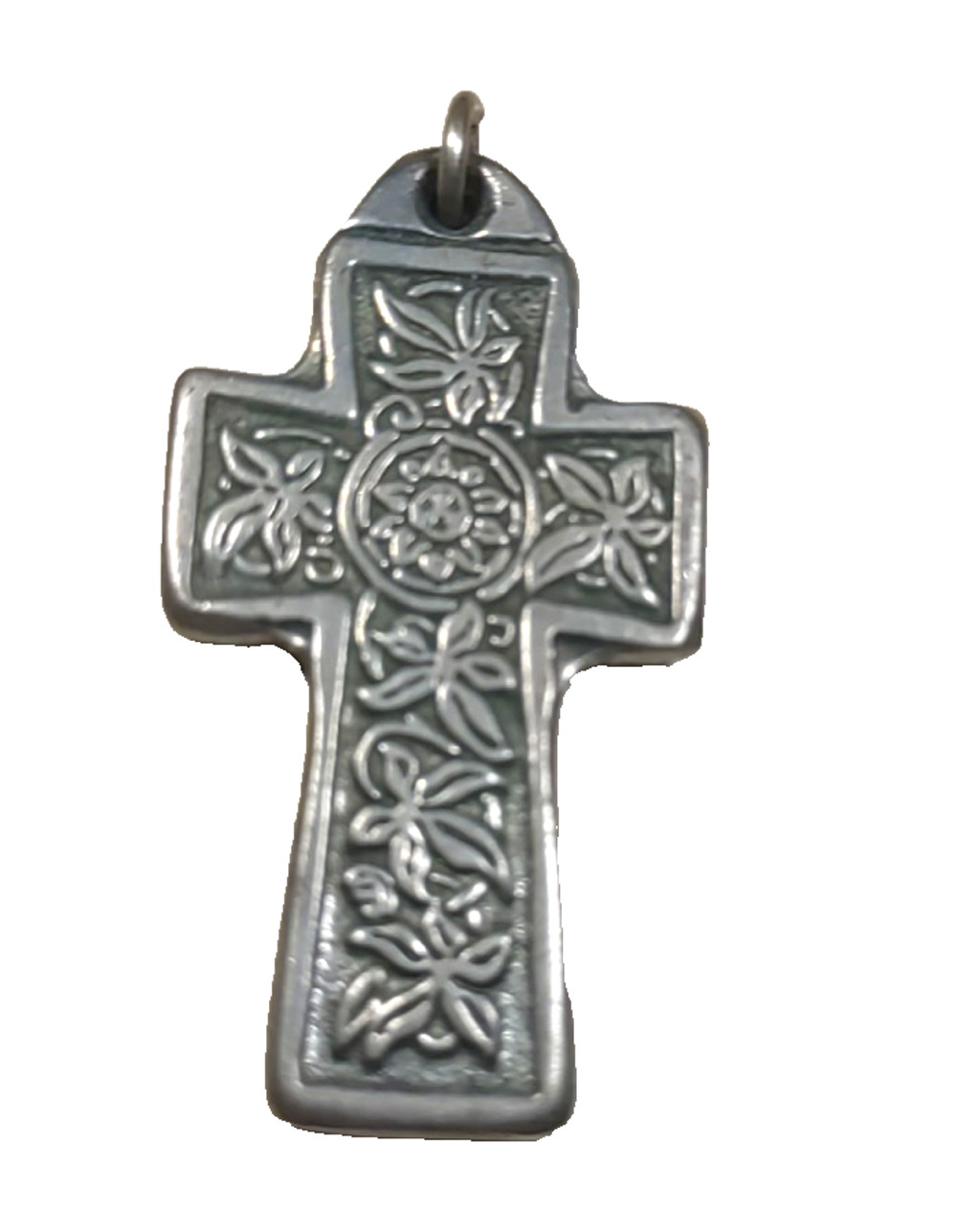 MAK 2002 Pewter Cross Leaves Sunflower Etched Pendant